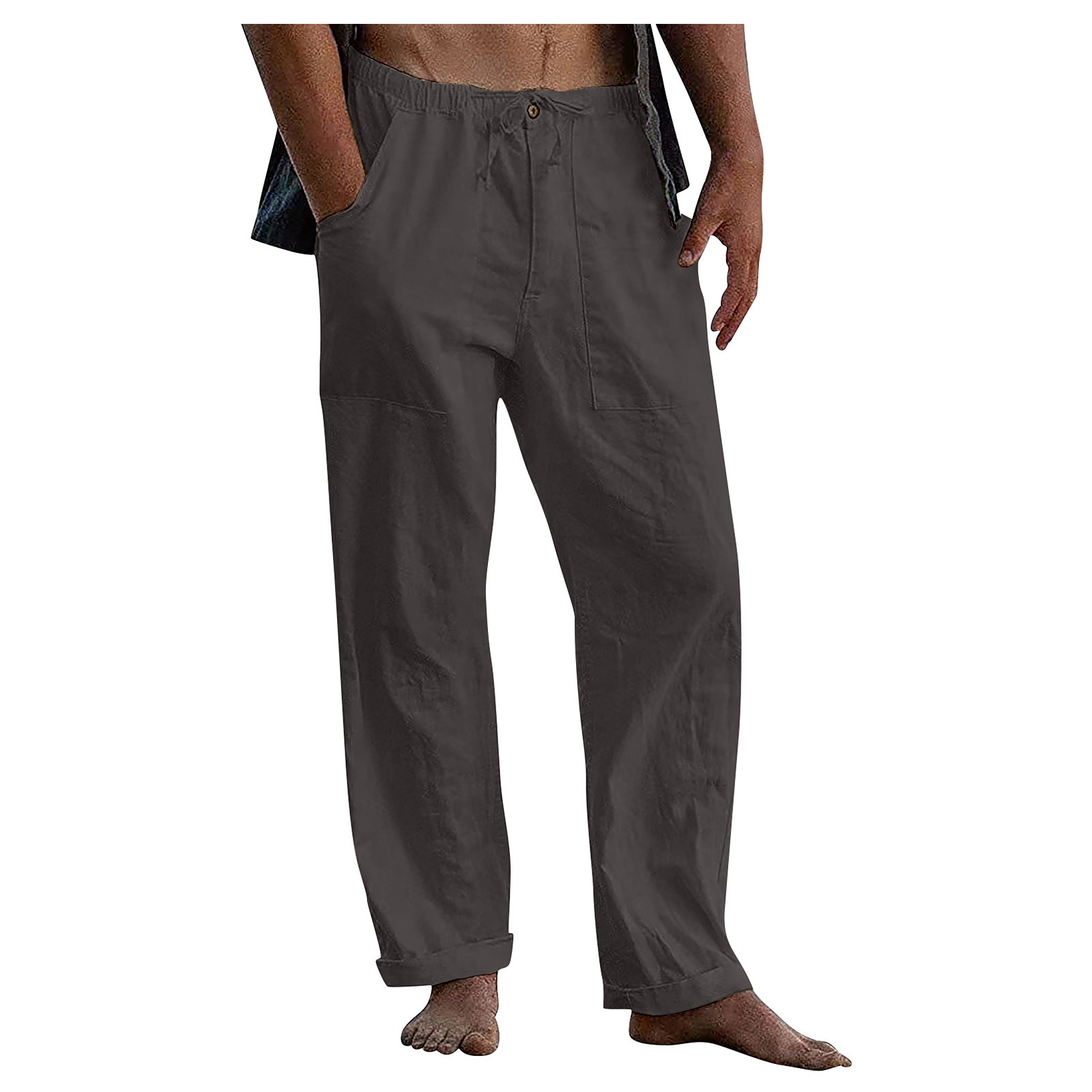 Pantalon long en lin pour homme, style yoga, plage, été décontracté, avec cordon de serrage à la taille et poches, collection européenne et américaine 2022_voghion.com