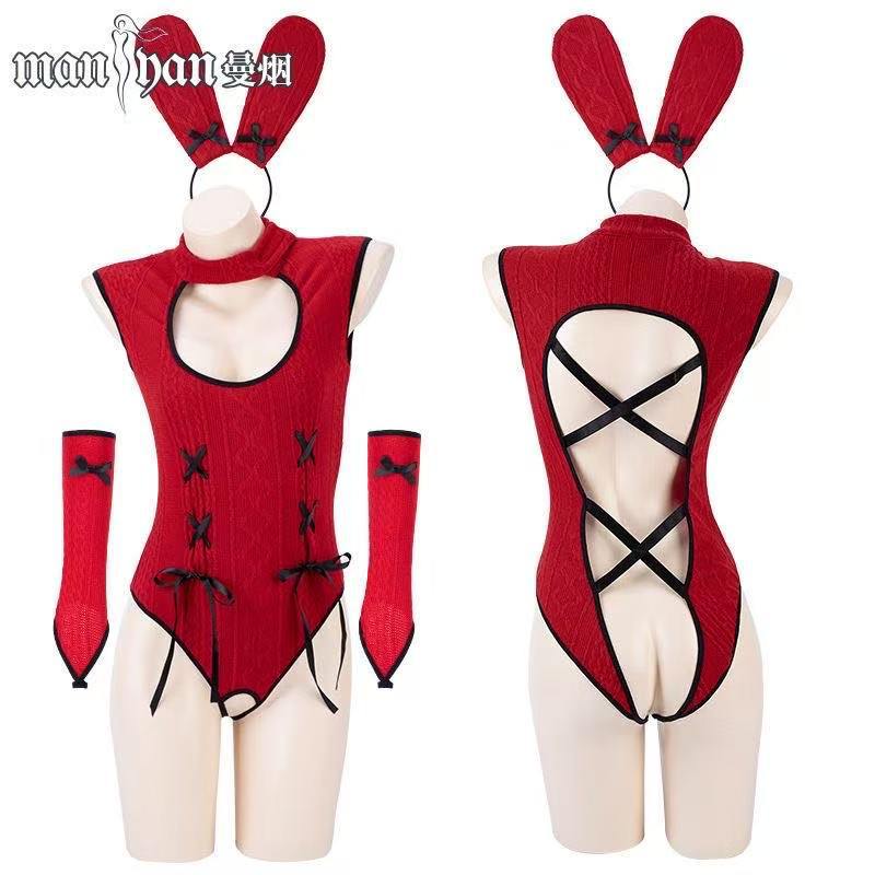 Red Bunny Girl Open-Crotch Knit Bodysuit Costume Set with Headband and Gloves — detail image 6