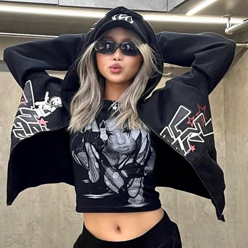 Felpa da strada da uomo con stampa a stelle e lettere, giacca con cerniera, stile gotico hip hop Y2K, uomo e donna, con cappuccio_voghion.com