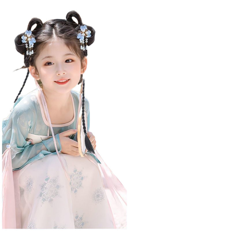 子供用漢服ウィッグ、女の子用冬衣装、オールインワンヘアフープ、衣装ロングストレートヘアピース、古代風ヘアアクセサリー、おだんごヘア|undefined