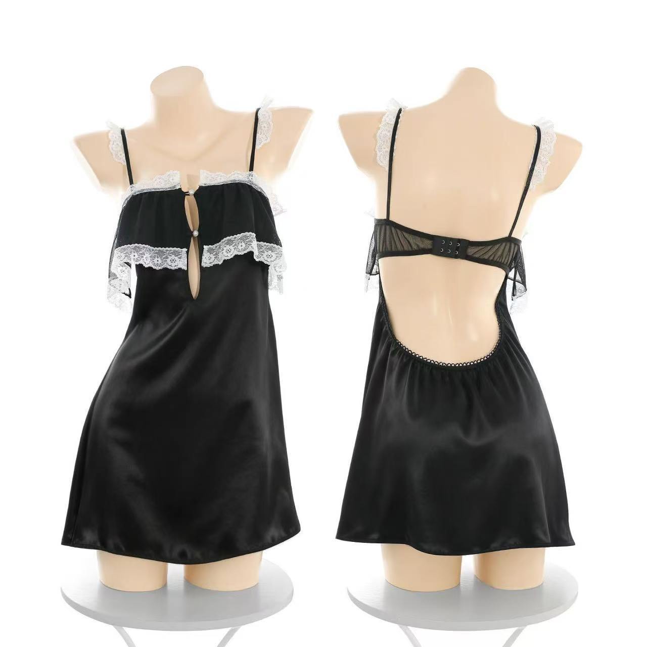 Sweet Satin Camisole Nightgown with Black and White Lace Trim, Hollow-Out Short Slip Dress — detail image 6