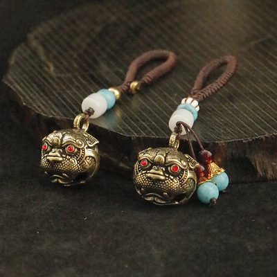 黄铜复古红眼虎头铃铛挂件带钻铜铃铛钥匙扣五帝钱绳子挂饰|ms