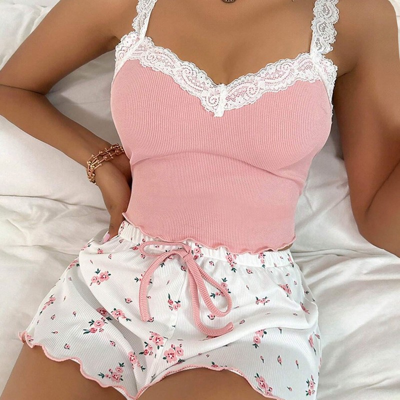 Cross-border Independent Station European and American Lace Sling Shorts suit Rib Pit Comfortable Elastic Casual Women's Home Clothes