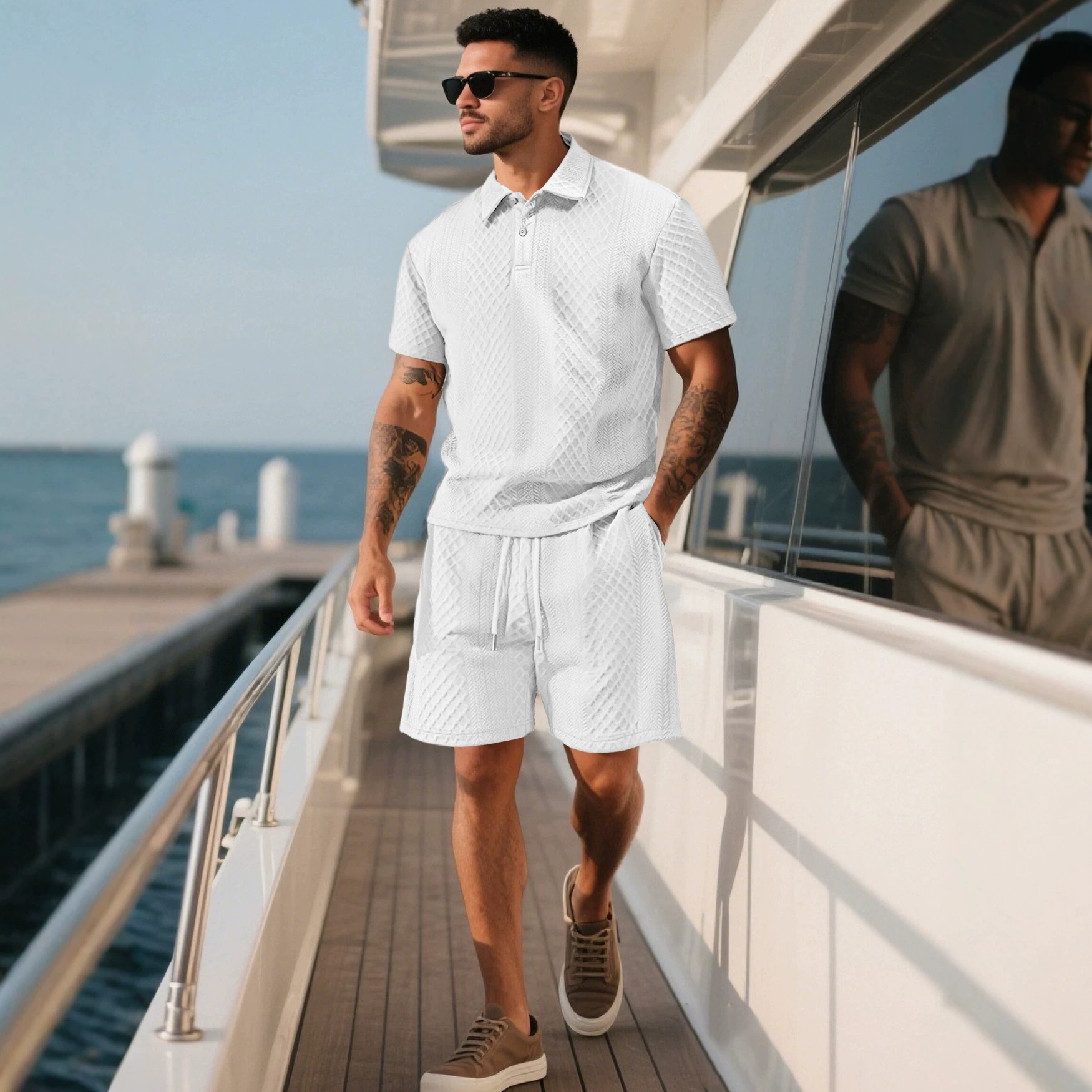 Nuevo conjunto deportivo informal de manga corta para hombre, estilo europeo y americano TK, con tela jacquard a cuadros, fino, para verano.