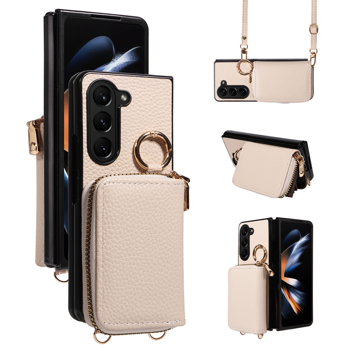 Suitable for Samsung Zfold5 All-Inclusive Stand Protective Case Phone Leather Case Crossbody Strap Coin Purse Anti-Drop Accordion Card Holder