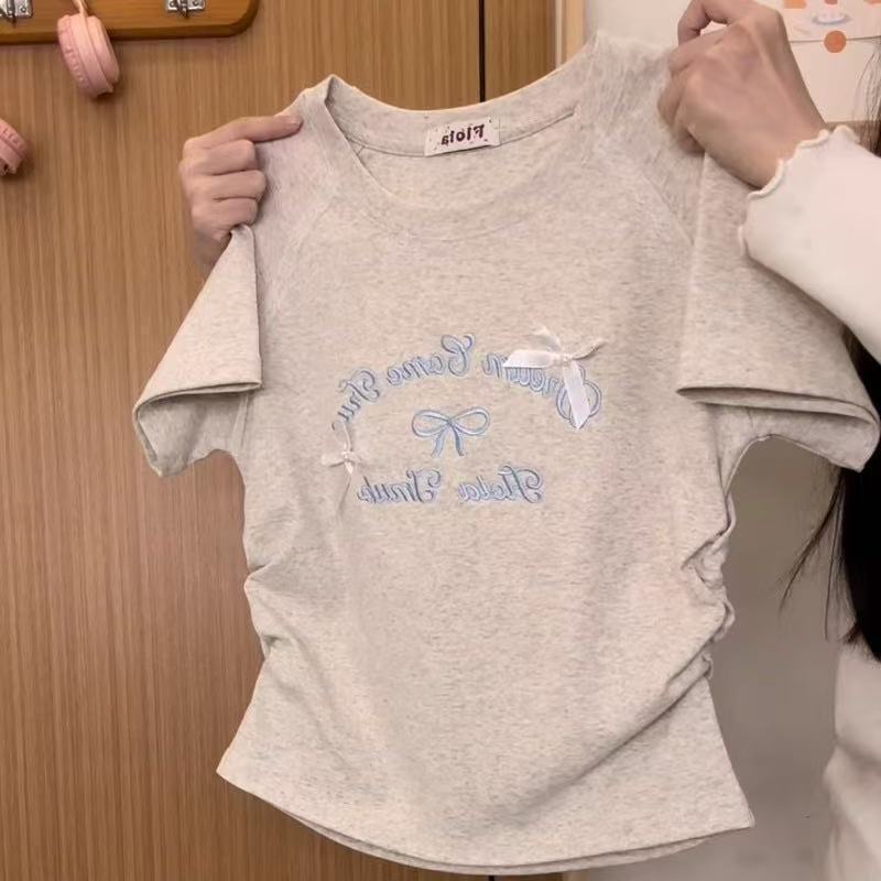 2025 夏刺繍レターリボンレースラグラン半袖 Tシャツレディースカレッジスタイルウエストショートトップトレンディ|undefined