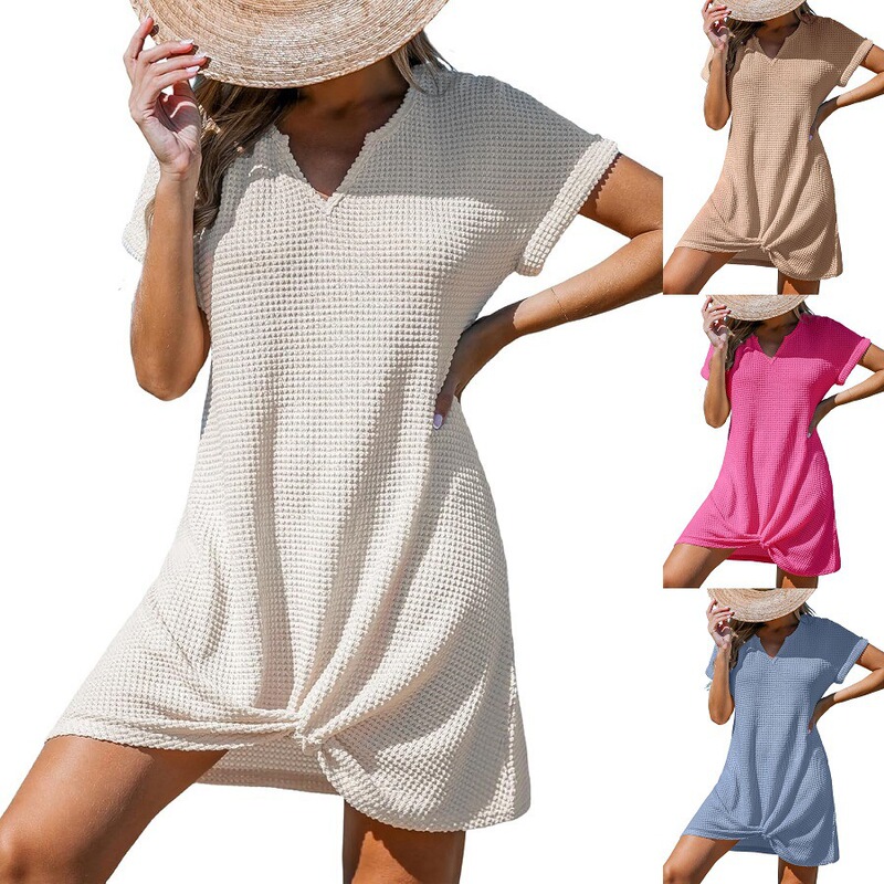 2025 European and American Cross-Border Hot-Selling Women's Clothing Spring and Summer New Beach Sun Protection Skirt Casual V Neck Twist Blouse Dress 2025 European and American Cross-Border Hot-Selling Women's Clothing Spring and Summer New Beach Sun Protection Skirt Casual V Neck Twist Blouse Dress