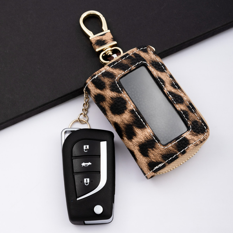 Cross-Border Hot-Selling Leopard Print Leather Universal Car Key Bag Multi-Function Window Car Key Bag Zipper Protective Cover