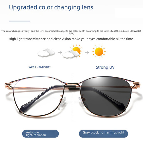 New Ancient Style Retro Cat-Eye Ultra Lightweight Personalized Bare Face Magic Metal Aviator Sunglasses with Color-Changing and Blue Light Protection