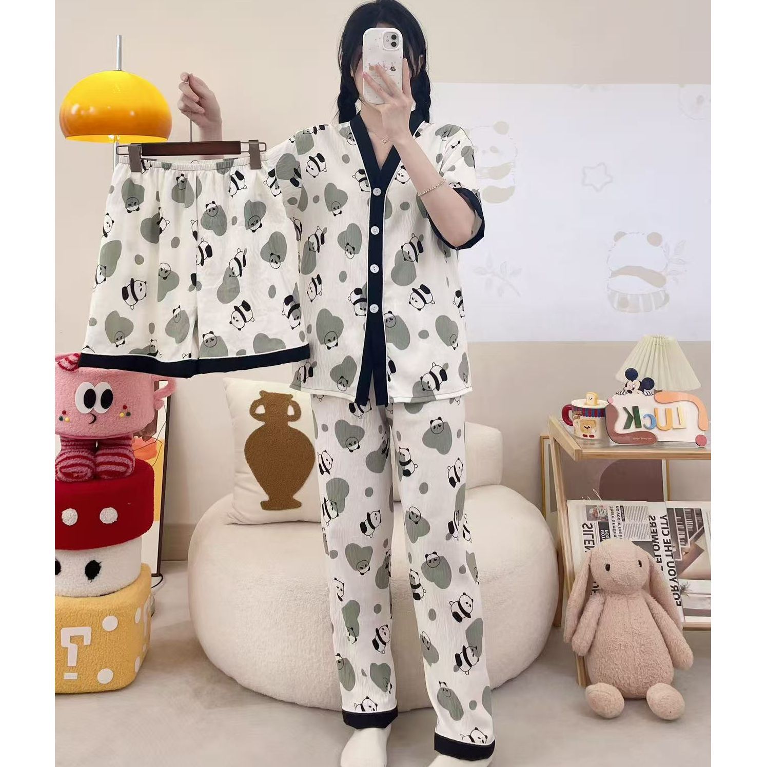 Pijamas de algodón de nube de amor dulce a cuadros de dopamina para mujer verano nuevo estilo pantalones de manga corta ropa a domicilio traje de tres piezas