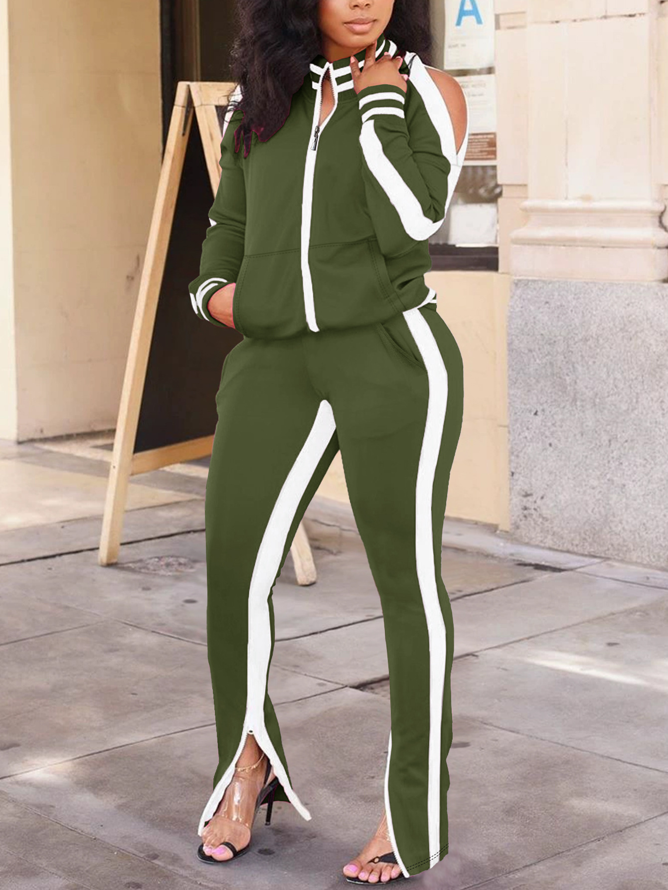Women's Long Sleeve Round Neck Top With Pants 2-Piece Set Side Striped Casual Outfit Comfortable Daily Wear_ecoleips.com