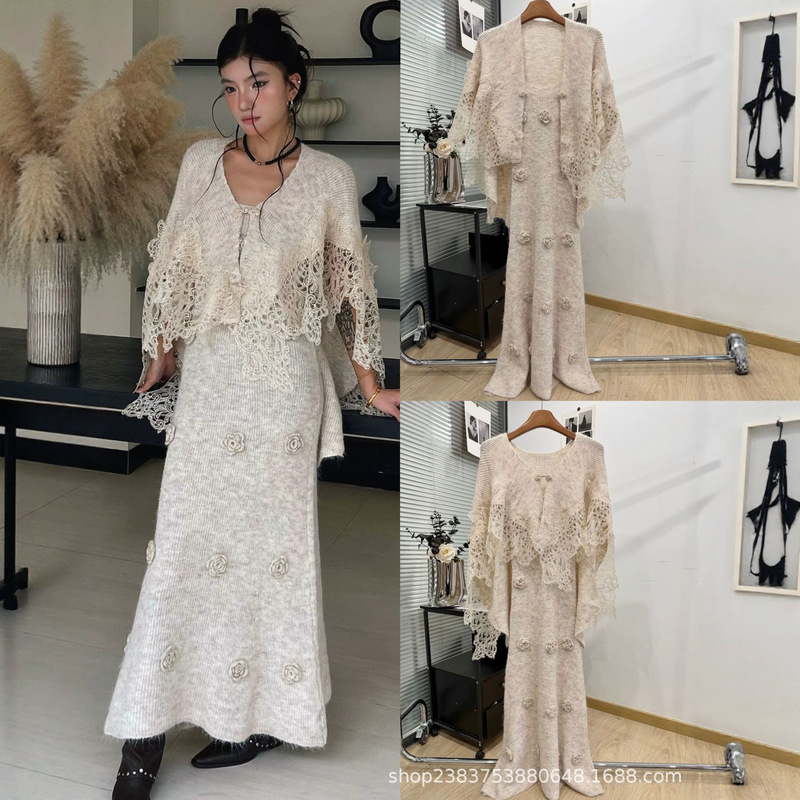 Lace-trimmed knitted cardigan paired with a long-sleeved camisole dress, a two-piece set featuring a knitted sweater with three-dimensional floral embellishments Lace-trimmed knitted cardigan paired with a long-sleeved camisole dress, a two-piece set featuring a knitted sweater with three-dimensional floral embellishments