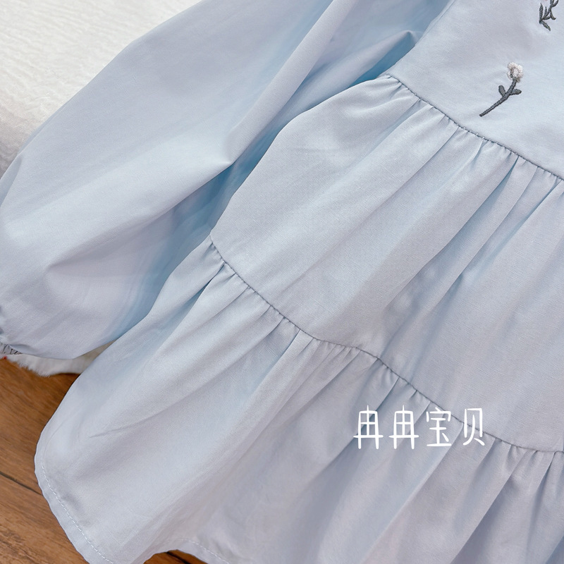 女童长袖棉质蓝色刺绣小花衬衫女宝衬衫2025春季新款韩版甜美法式|undefined