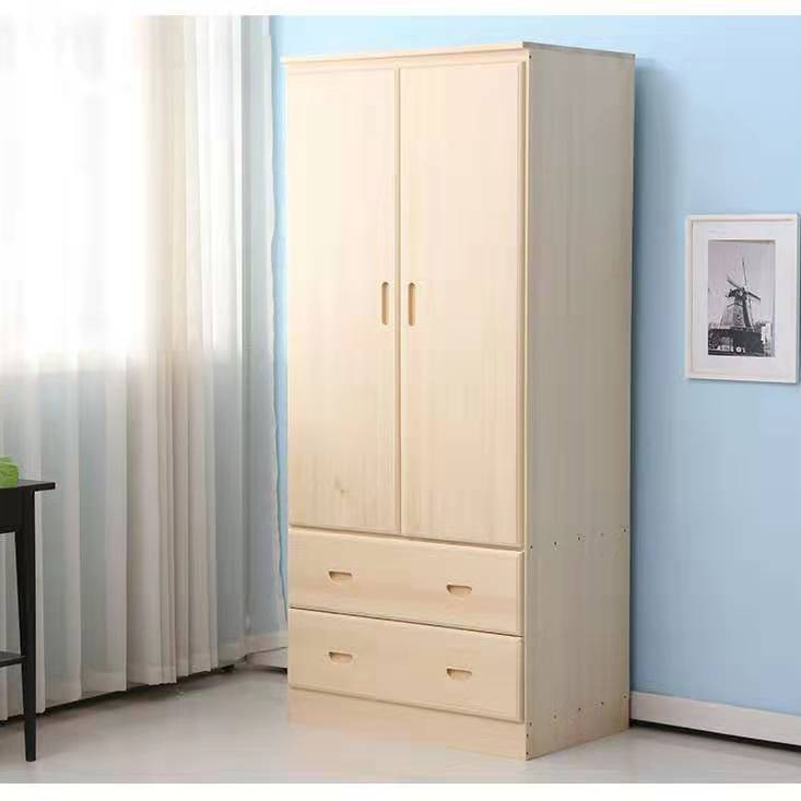 Free Shipping Pastoral Solid Wood Wardrobe with Two Doors and Drawers, Natural Wood Wardrobe, Simple Children's Wardrobe, Can Be Nailed
