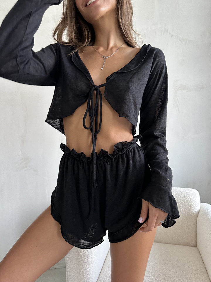 Bộ đồ ngủ nữ áo cardigan thắt dây kèm quần short dệt kim mặc nhà thoải mái — Màu trắng, Màu đen chi tiết 40