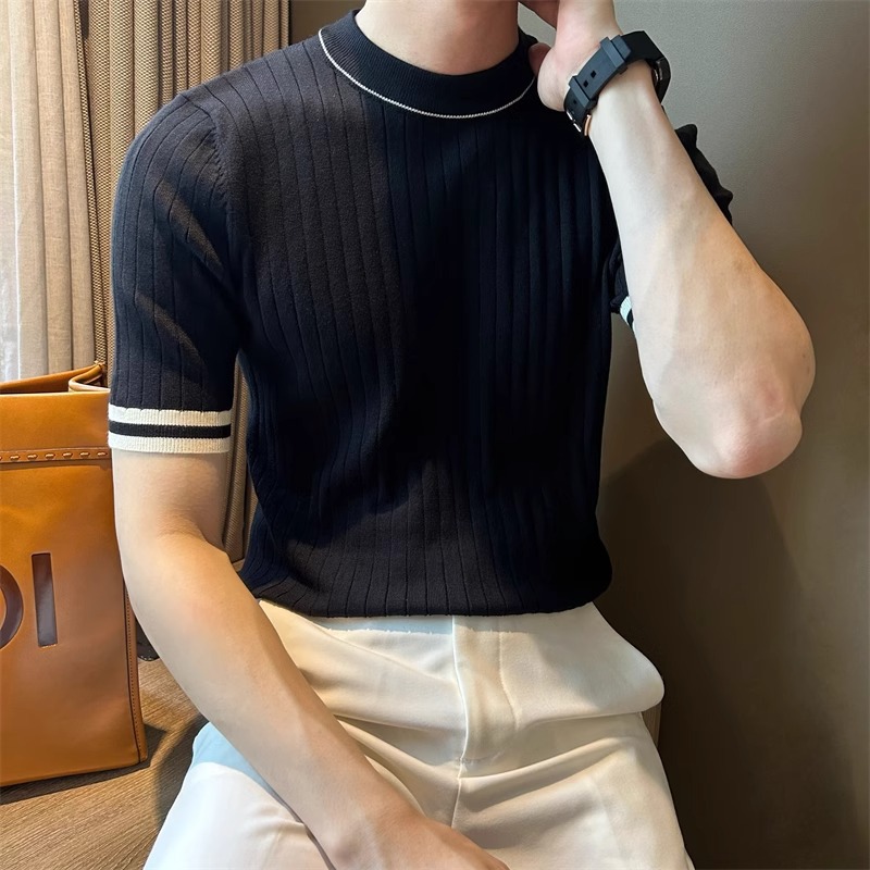 Verano nuevo estilo suéter de manga corta hombres a juego rayas delgado negocios seda de hielo camiseta transpirable comercio exterior al por mayor transfronterizo