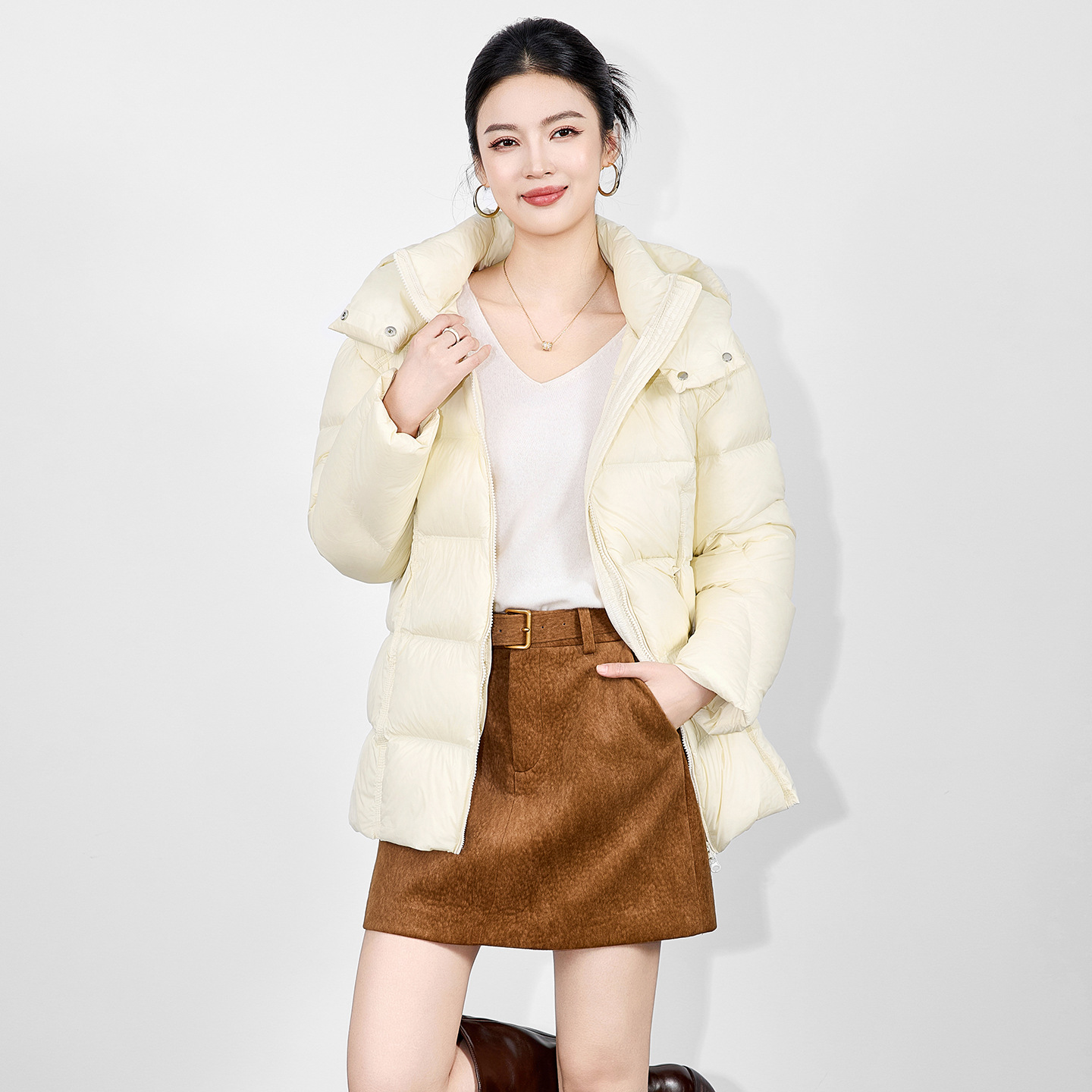 2515605-90 White Duck down High-End Puff down Jacket Women's Mid-Length Loose Thickeneded Warm Women's Winter Jacket