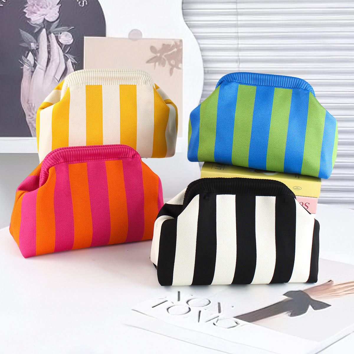 Bolsa de nube para damas bolsas de tejido portátiles bolsas de almacenamiento a rayas bolsas de maquillaje universal bolsas de mano de tejido volador agujeradas bolsas de mujer