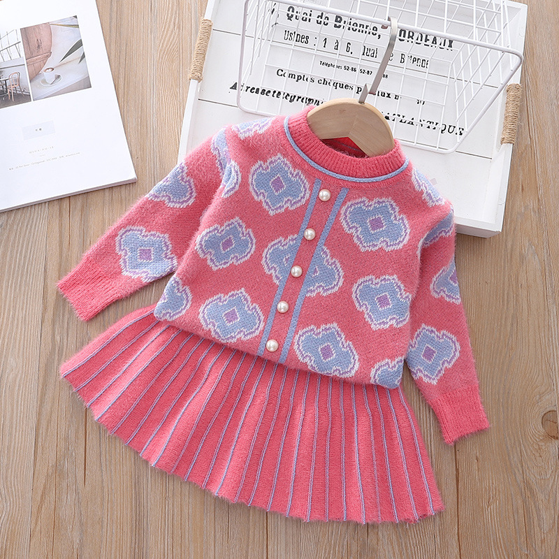 Mädchen-Herbst-Winter-Kleid, Internet-berühmter Rundhals-Pullover für kleine und mittelgroße Mädchen, Faltenrock, zweiteilig_voghion.com