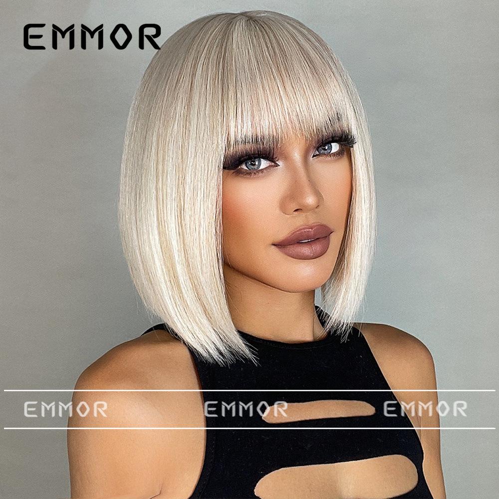 Cross-border foreign trade European and American style wig women's neat bangs white gold short straight bobo head full head wig hair