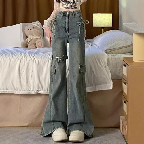 Vintage American-style wide-leg jeans for women, suitable for spring and autumn, niche low-rise stretch slimming mule work pants