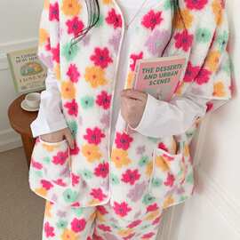 加绒加厚白底彩花V领单排扣马甲长裤睡衣女秋冬甜美风家居服批发