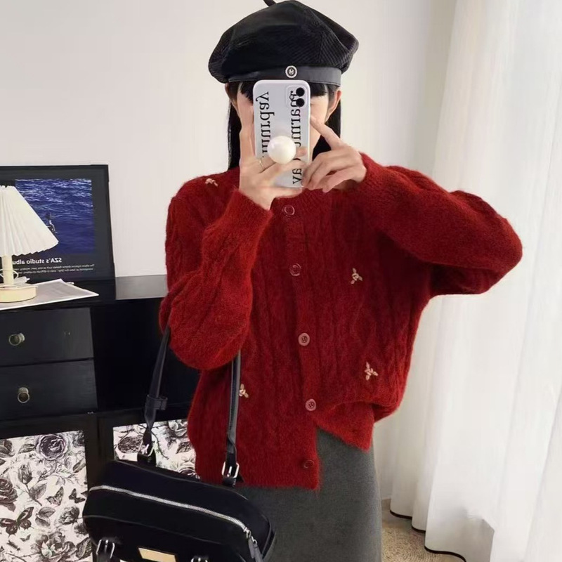 秋冬新款刺绣花朵麻花毛衣女外套日韩学院风甜美圆领针织开衫上衣|undefined