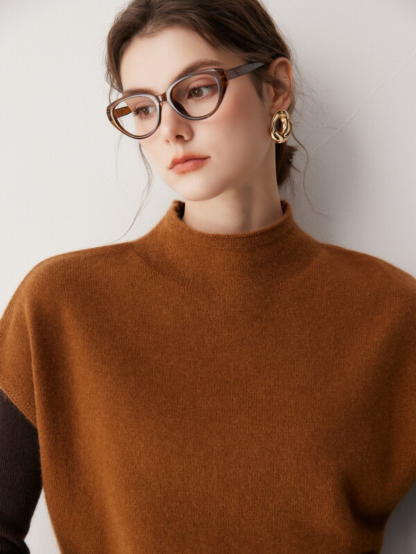 / Minimalist Collection_ Women's Batwing Sleeve Cashmere Sweater, Old Money Style Caramel Brown Half-Turtleneck Knit / Minimalist Collection_ Women's Batwing Sleeve Cashmere Sweater, Old Money Style Caramel Brown Half-Turtleneck Knit