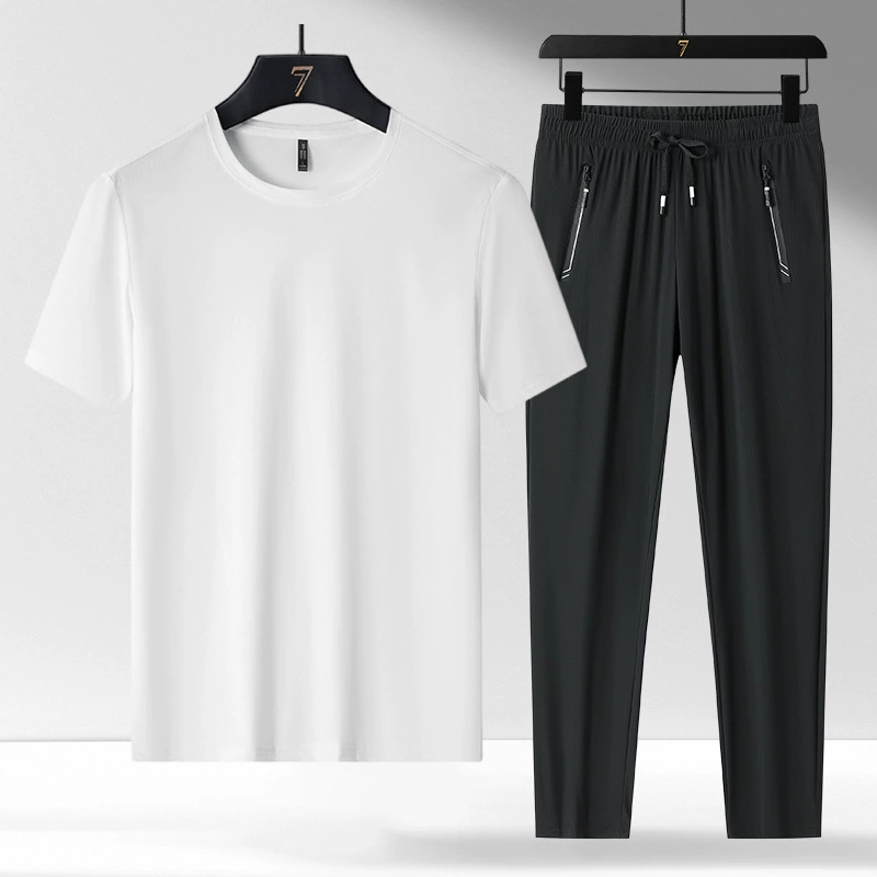 Спортивный костюм мужской летний папа тонкий ледяной шелк, дышащая короткая футболка брюки повседневная спортивная одежда