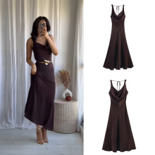 跨境批发欧美风女装新款高级丝缎质感性感露背修身长款吊带连衣裙