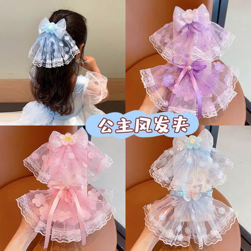 Hair clip for children, fairy-like lace ribbon bow hair pin for girls, temperament top clip for little girls, head accessory