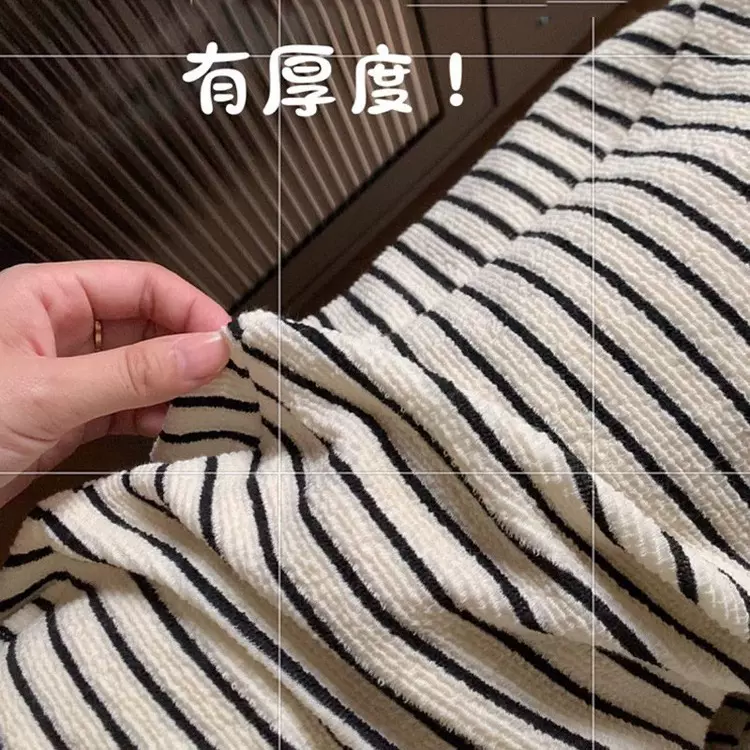 黑白条纹毛巾绒阔腿裤女秋冬新款高腰宽松抽绳运动垂感奶油休闲裤