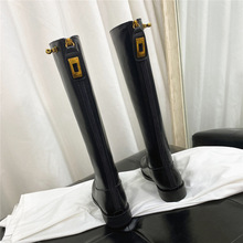 不过膝高筒靴女秋冬季新款圆头中长筒骑士靴子真皮皮带扣长靴女冬