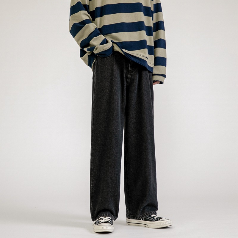 Jeans da uomo LKTM a gamba dritta, vestibilità comoda, modello "dad pants", leggero effetto arricciato, comfort per tutto l'anno, 5 lavaggi versatili._voghion.com