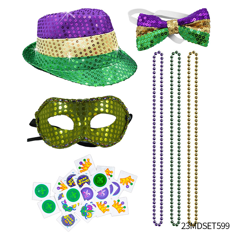 Accesorios para el Cabello de Carnaval de Mardi Gras, Máscara Tricolor, Corbata de Moño, Cadena de Cuentas Electrochapadas, Conjunto para Fiesta de Carnaval
