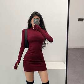 欧美风高领连衣裙修身性感紧身显瘦长袖辣妹裙包臀连衣裙秋冬季