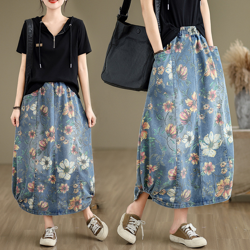 Elastic Waist Denim Skirt for Women Spring and Summer New Style Literary Retro Loose Casual Printed Splicing Mid-Length Women's Skirt