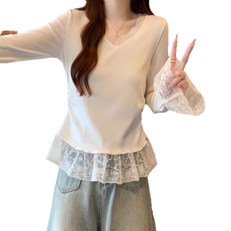 大きいサイズ V ネックレース裾長袖 Tシャツ女性のための春と秋の新しいファットミリリットウエスト痩身ベルスリーブトップ女性のための|undefined