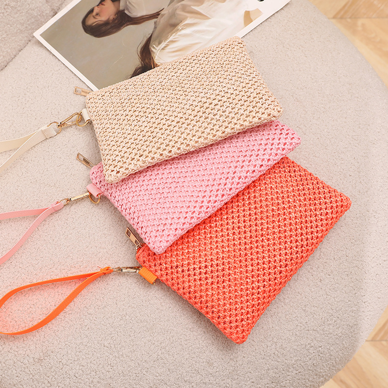[in stock] Straw Bag 2024 New Ladies Cross-border Straw Clutch Mesh Cash Bag Wrist Wallet