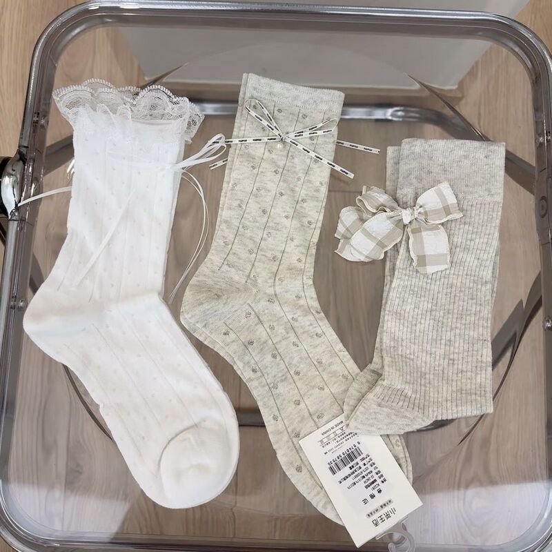2025 Early Spring Women's Simple Moisture-Wicking Mid-Calf Socks Korean Style Ins Sweet Lace Bow Versatile 2025 Early Spring Women's Simple Moisture-Wicking Mid-Calf Socks Korean Style Ins Sweet Lace Bow Versatile