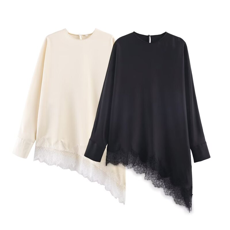 Pb&Za Women's 2025 Winter New Design Elegant Round Neck Asymmetric Lace Shirt 9663100