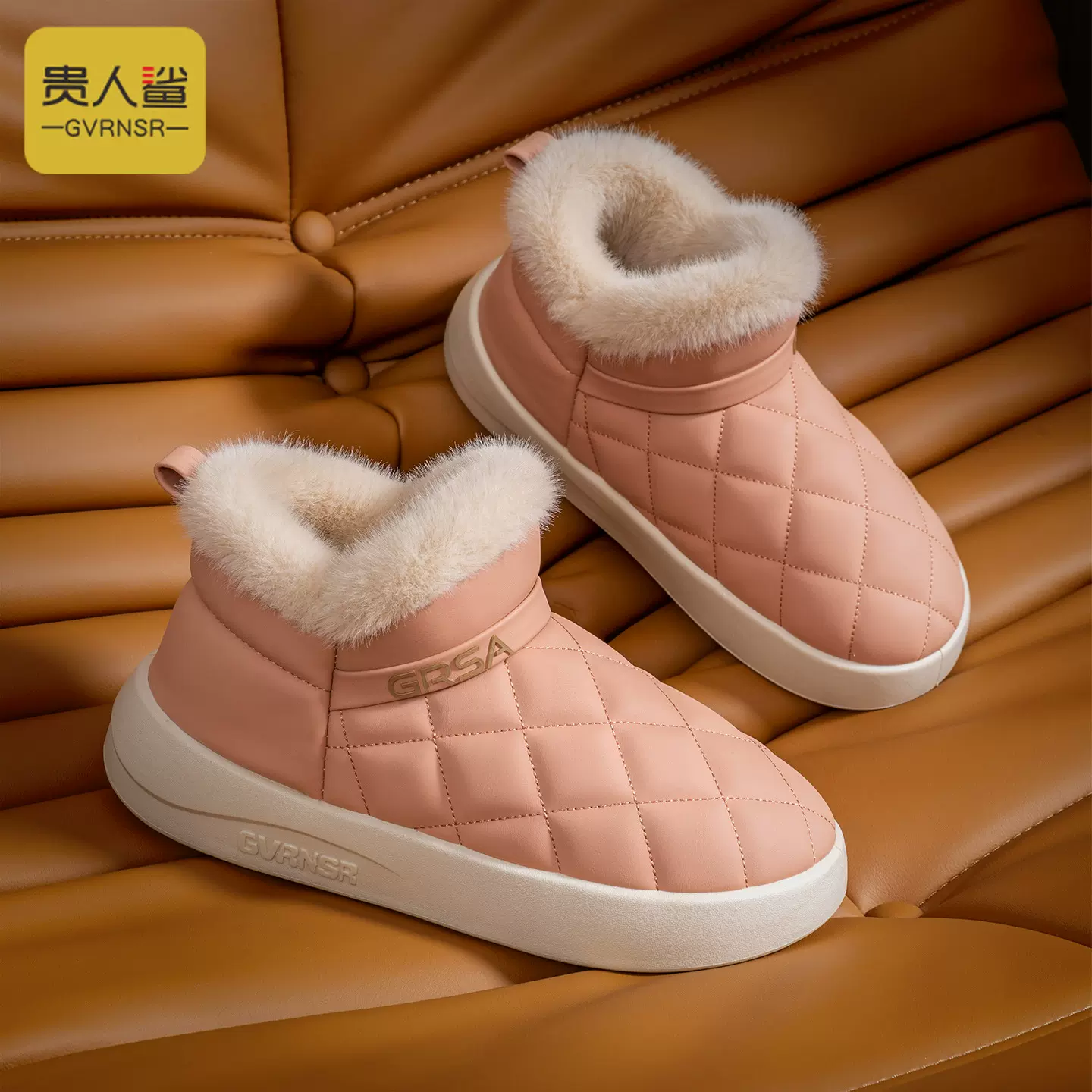 贵人鲨新款包跟棉拖鞋男女室内家居加绒加厚防滑PU皮质棉鞋