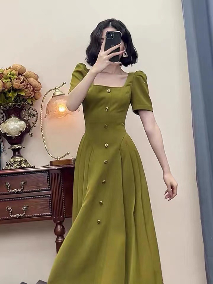 Đầm nữ cổ vuông kiểu Pháp chít eo tôn dáng — Màu xanh lá dáng dài, Màu xanh lục mẫu ngắn, Màu đen mẫu ngắn chi tiết 5