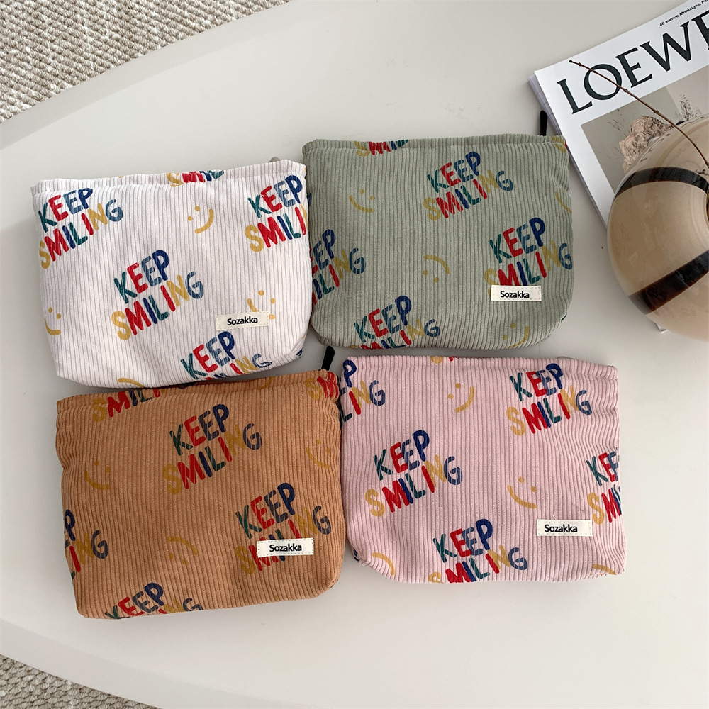 38181 New 2023 Corduroy cosmetic Bag, Letter smiley face storage, washroom clutch, Mobile phone wallet, Pen case Item Picture