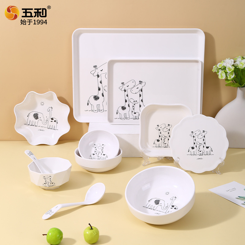 Wuhe Natural Story Melamine Tableware Creative Soup Spoon Dish Plate Home Combination Set Dishes Plate Soup Plate Wholesale