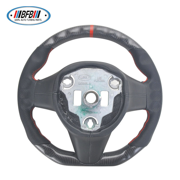 100% Real Carbon Fiber Matte Black Steering Wheel with Black Perforated Leather and Red Stitching and Red Logo - For Tesla Model Y - Steering Wheel Modification