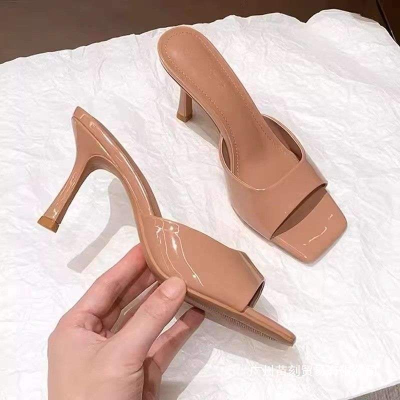High Heels Women's 2025 Summer New Fashion Nude Square Toe Open Toe One-Line Strap Outer Wear Sandals Women's Shoes