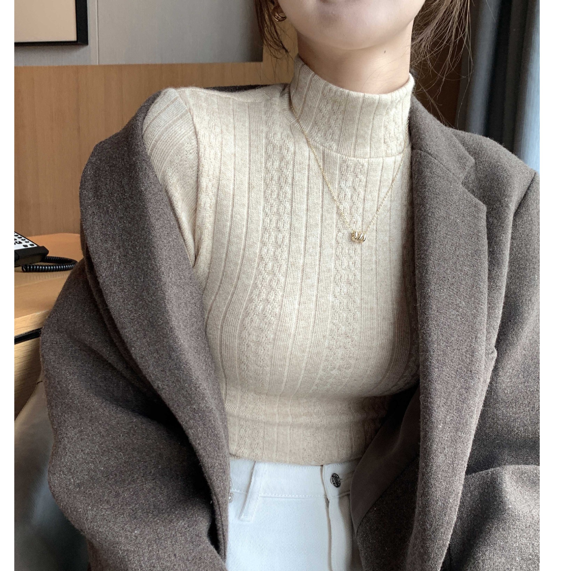 H332针织衫打底衫女秋冬洋气内搭半高领毛衣修身长袖中领保暖上衣