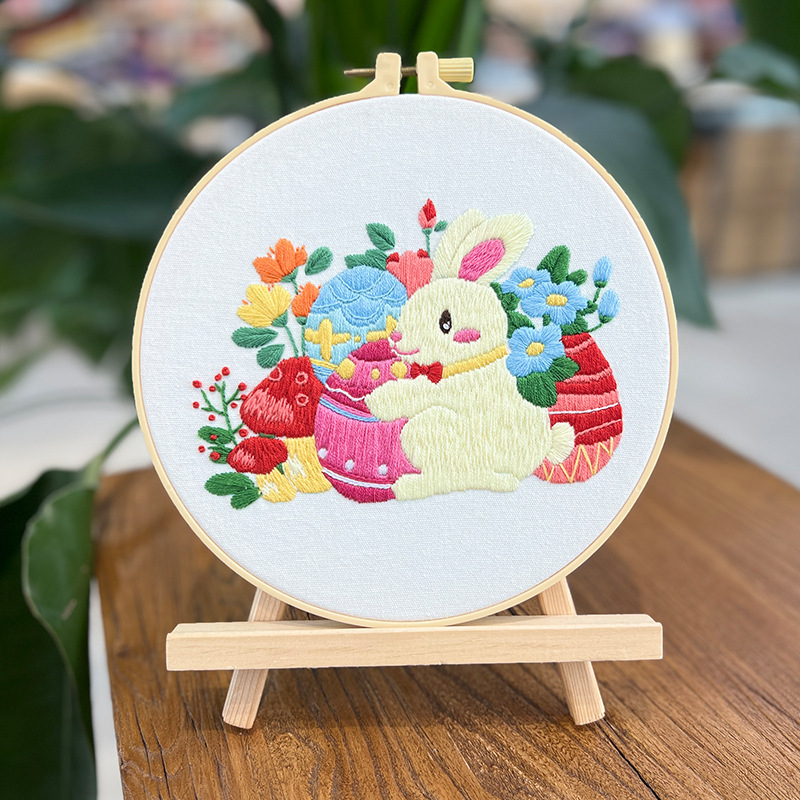 Conejo de Pascua cuelga pinturas bordadas lu decoraciones de salón dibujos animados huevos bordados a mano bolsas de material diy