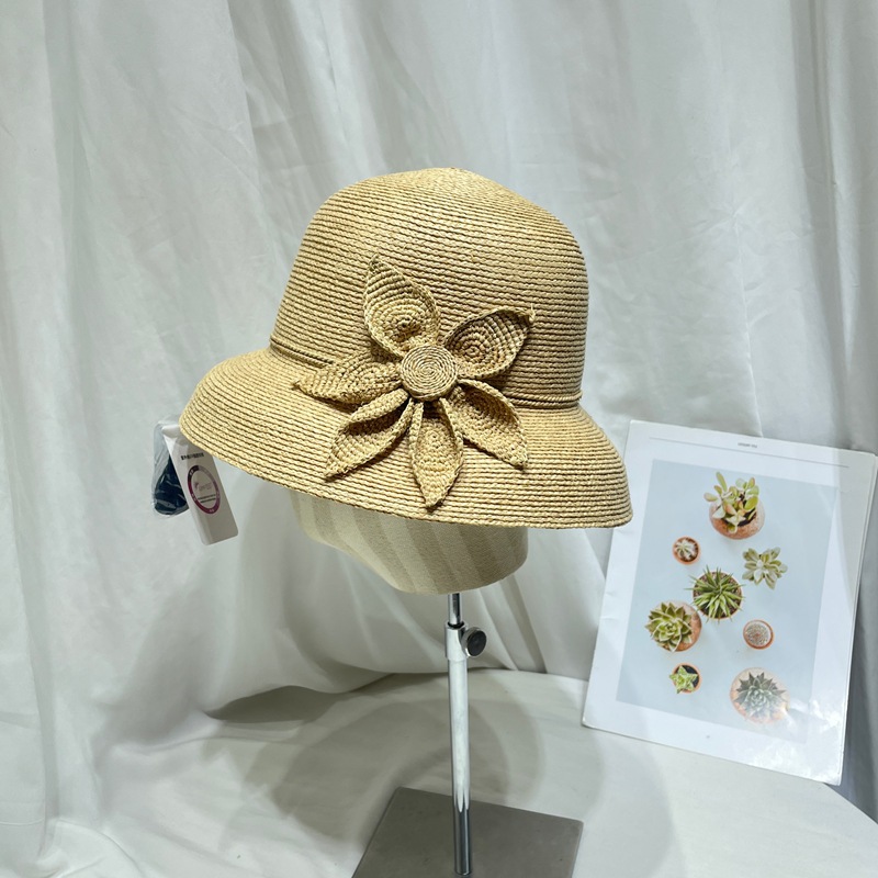 Hepburn Style Floral Raffia Straw Bucket Hat For Summer Beach_voghion.com